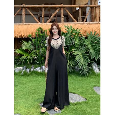 BY23694# 胖妹妹大码女装时尚新款气质遮肉显瘦印花T恤加背带裤两件套 服裝批發女裝批發服飾貨源