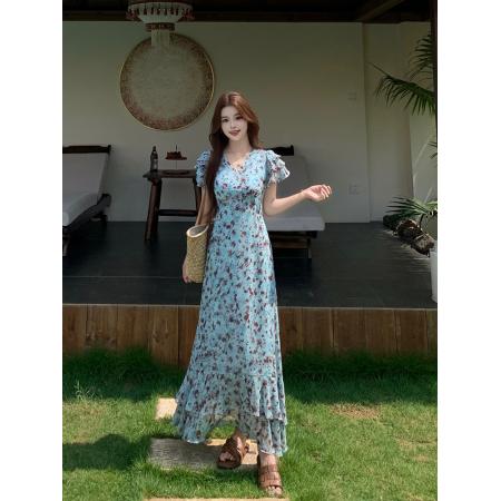 BY23695# 胖妹妹大码女装夏季新款法式V领系带收腰碎花气质连衣裙 服裝批發女裝批發服飾貨源