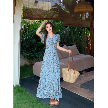 BY23695# 胖妹妹大码女装夏季新款法式V领系带收腰碎花气质连衣裙 服裝批發女裝批發服飾貨源
