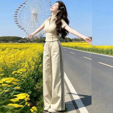 BY23698# 休闲运动套装女夏季新款气质显瘦半拉链短袖上衣阔腿裤两件套 服裝批發女裝批發服飾貨源