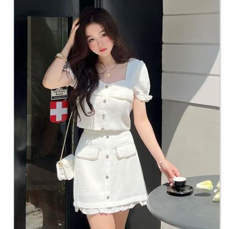 BY23699# 夏季新款时尚拼接白色小香风连衣裙套装小个子两件套夏季 服裝批發女裝批發服飾貨源