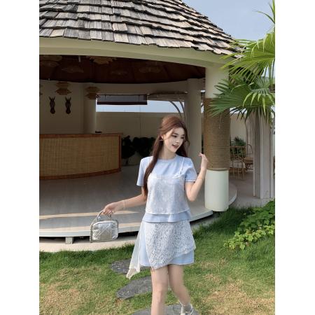 BY23701# 夏季新款胖mm蕾丝拼接假两件气质减龄两件套套装 服裝批發女裝批發服飾貨源