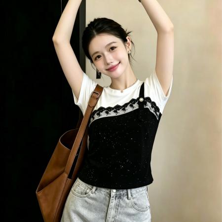 BY23702# 假两件蕾丝拼接亮闪闪短袖T恤女显瘦洋气宽松上衣 服裝批發女裝批發服飾貨源
