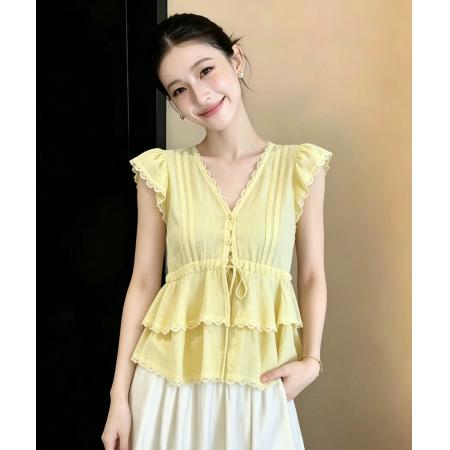 BY23705# 韩系蕾丝拼接V领无袖背心女夏季新款设计感压褶绑带衬衫上衣 服裝批發女裝批發服飾貨源