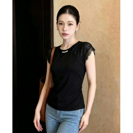 BY23707# 法式设计重工钉珠蕾丝拼接短袖T恤女夏新款收腰显瘦上衣 服裝批發女裝批發服飾貨源