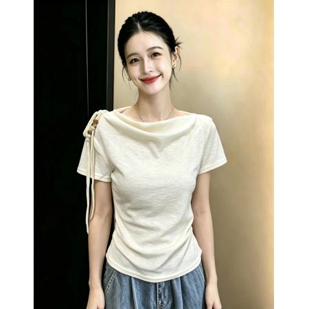 BY23708# 法式时尚小众斜肩短袖针织衫T恤女夏季新款修身设计感百搭上衣潮 服裝批發女裝批發服飾貨源