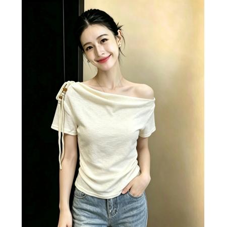 BY23708# 法式时尚小众斜肩短袖针织衫T恤女夏季新款修身设计感百搭上衣潮 服裝批發女裝批發服飾貨源