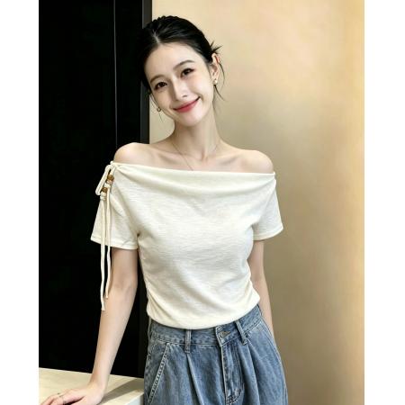 BY23708# 法式时尚小众斜肩短袖针织衫T恤女夏季新款修身设计感百搭上衣潮 服裝批發女裝批發服飾貨源