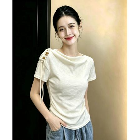 BY23708# 法式时尚小众斜肩短袖针织衫T恤女夏季新款修身设计感百搭上衣潮 服裝批發女裝批發服飾貨源