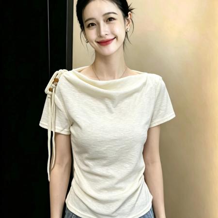 BY23708# 法式时尚小众斜肩短袖针织衫T恤女夏季新款修身设计感百搭上衣潮 服裝批發女裝批發服飾貨源
