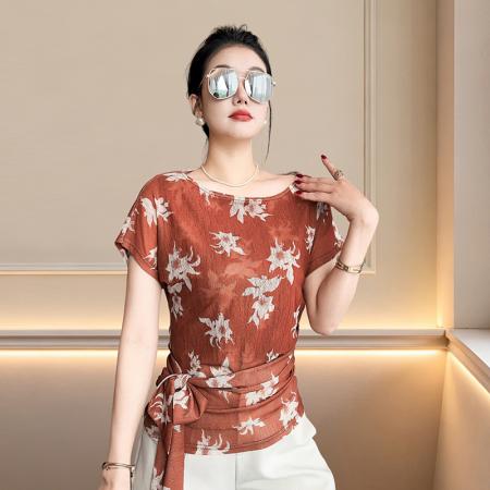 BY23709# 圆领百搭时尚印花短袖T恤女夏季新款复古花卉女士减龄上衣 服裝批發女裝批發服飾貨源