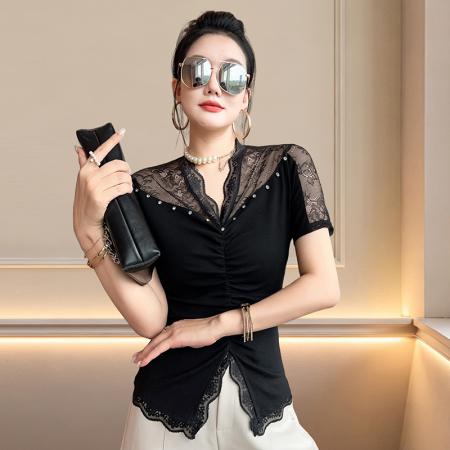 BY23714# 夏季新款V领蕾丝拼接修身短袖T恤女露肩时尚减龄洋气小衫潮 服裝批發女裝批發服飾貨源