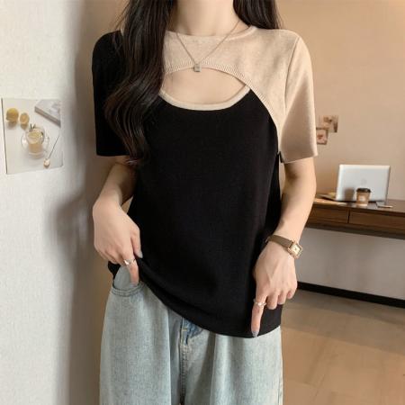 BY23718# 胖妹妹大码遮肚子镂空小众撞色短袖T恤女夏季显瘦别致上衣 服裝批發女裝批發服飾貨源