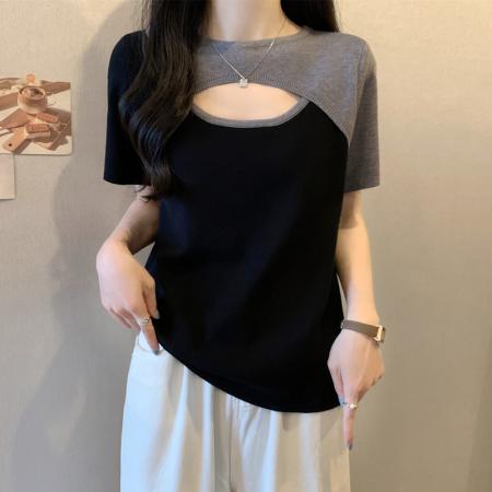 BY23718# 胖妹妹大码遮肚子镂空小众撞色短袖T恤女夏季显瘦别致上衣 服裝批發女裝批發服飾貨源