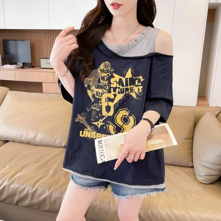 BY23735# 炸街抖音质量假两件棉质短袖t恤女潮新款上衣大码女装 服裝批發女裝批發服飾貨源