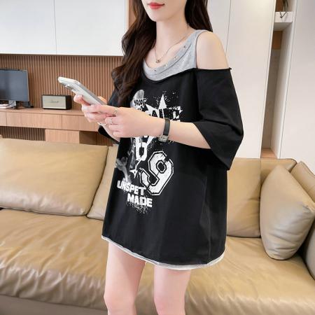 BY23735# 炸街抖音质量假两件棉质短袖t恤女潮新款上衣大码女装 服裝批發女裝批發服飾貨源