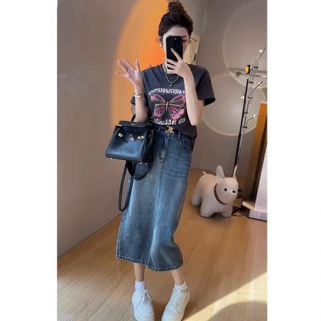 BY23741# 梨形身材天丝牛仔半身裙女夏薄款大码高腰显瘦冰丝垂感a字中长裙 服裝批發女裝批發服飾貨源