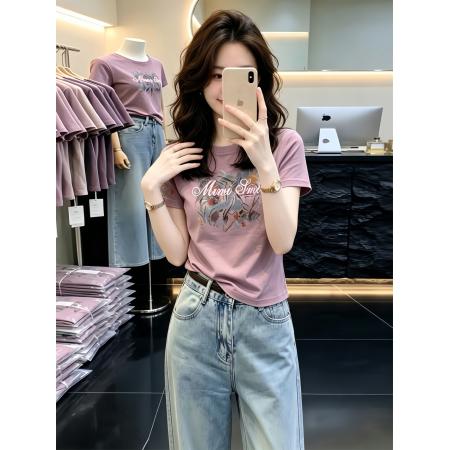 BY23753# 香芋紫圆领印花短袖T恤女士夏季独特漂亮巨好看超火减龄上衣 服裝批發女裝批發服飾貨源