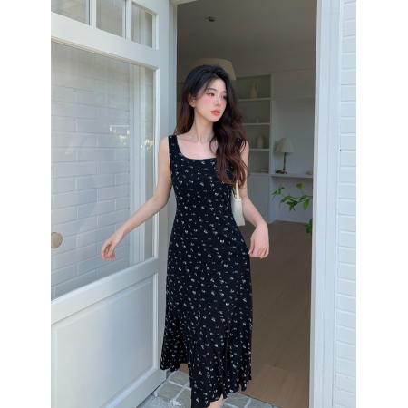 BY23762# 大码女装法式黑色碎花鱼尾裙复古内搭无袖收腰吊带连衣裙 服裝批發女裝批發服飾貨源