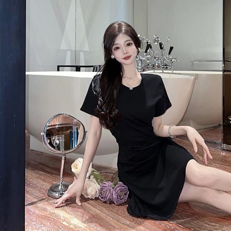 BY23769# 大码女装夏新款法式气质修身连衣裙学院风收腰显瘦小黑裙 服裝批發女裝批發服飾貨源