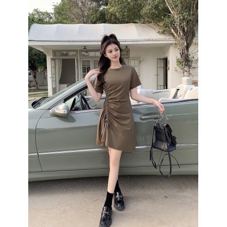 BY23770# 大码法式赫本风短袖小黑裙显瘦设计感抽绳开叉t恤连衣裙 服裝批發女裝批發服飾貨源