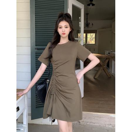 BY23770# 大码法式赫本风短袖小黑裙显瘦设计感抽绳开叉t恤连衣裙 服裝批發女裝批發服飾貨源