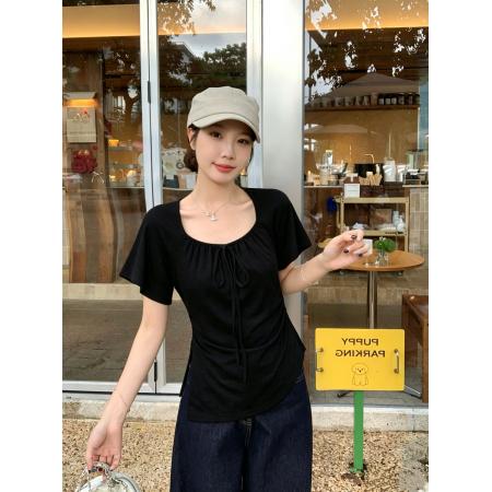 BY23772# 大码女装韩系慵懒风U领系带短袖T恤收腰显瘦松弛感百搭上衣 服裝批發女裝批發服飾貨源