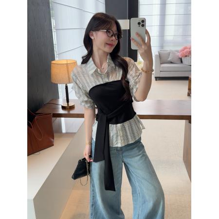 BY23773# 大码胖MM韩系氛围感假两件拼接设计感系带格子衬衫休闲上衣 服裝批發女裝批發服飾貨源