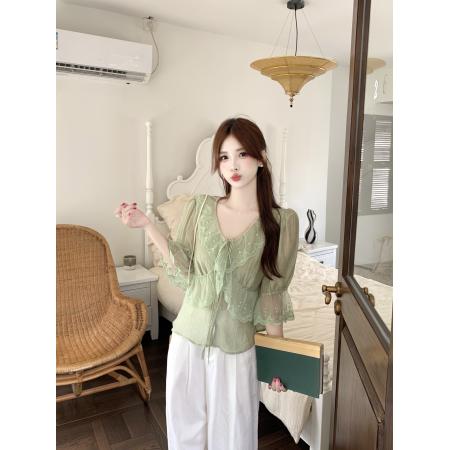 BY23774# 大码女装胖mm法式荷叶边蕾丝v领泡泡袖夏季气质减龄衬衣 服裝批發女裝批發服飾貨源