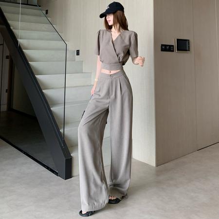 BY23810# V领短袖西装上衣+高腰显瘦阔腿裤两件套女夏季新款气质通勤套装 服裝批發女裝批發服飾貨源