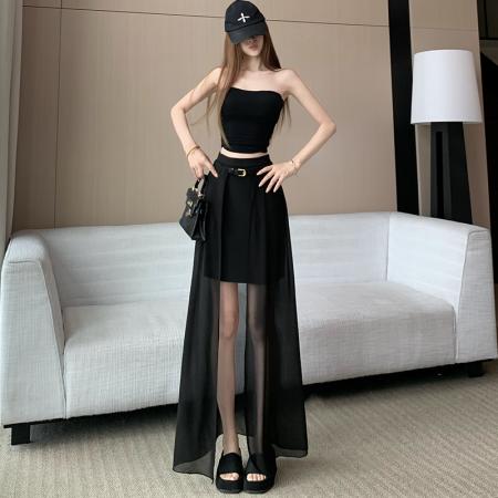 BY23811# 流行开衩百搭黑色显瘦半身裙女夏季新款宽松网纱设计感A字裙 服裝批發女裝批發服飾貨源