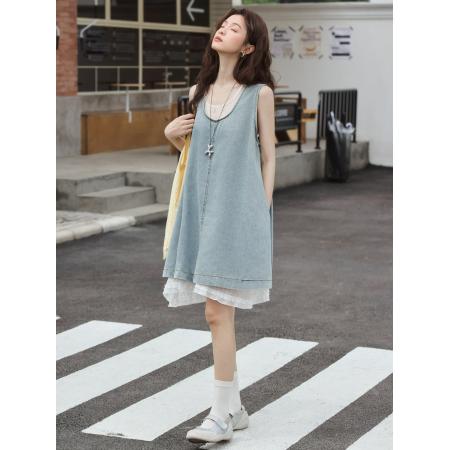 BY23823# 夏季新款韩版休闲百搭叠穿牛仔背心连衣裙+背心网纱裙两件套 服裝批發女裝批發服飾貨源