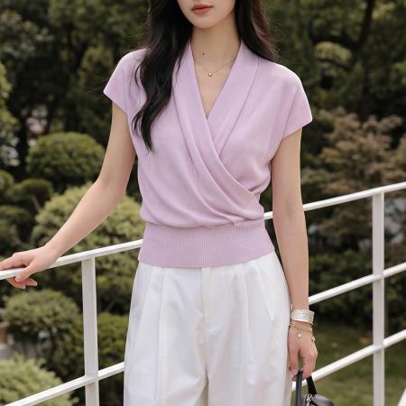 BY23844# 法式小众设计感深V领褶皱曲珠冰丝短袖上衣短袖针织衫女夏 服裝批發女裝批發服飾貨源