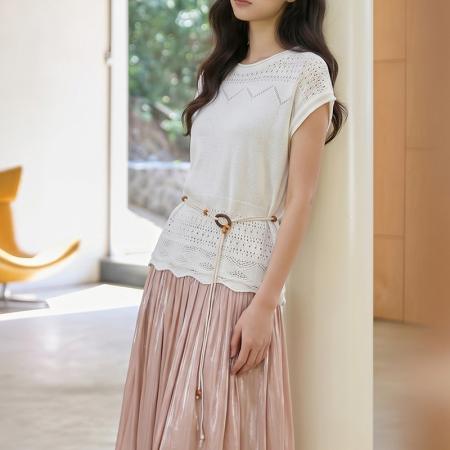 BY23850# 小众设计感镂空蕾丝上衣女夏度假波西米亚宽松配腰带针织衫 服裝批發女裝批發服飾貨源