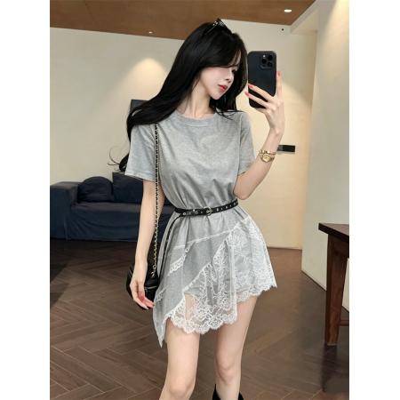 BY23853# 韩版设计感圆领拼接蕾丝短袖T恤上衣带腰带 服裝批發女裝批發服飾貨源