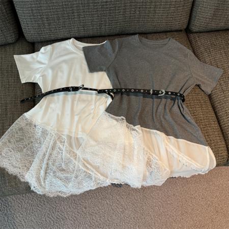 BY23853# 韩版设计感圆领拼接蕾丝短袖T恤上衣带腰带 服裝批發女裝批發服飾貨源