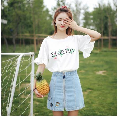 BY23856# 刺绣夏季新款韩版时尚女装喇叭袖短袖T恤女 服裝批發女裝批發服飾貨源