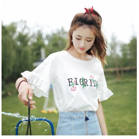 BY23856# 刺绣夏季新款韩版时尚女装喇叭袖短袖T恤女 服裝批發女裝批發服飾貨源