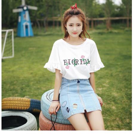 BY23856# 刺绣夏季新款韩版时尚女装喇叭袖短袖T恤女 服裝批發女裝批發服飾貨源