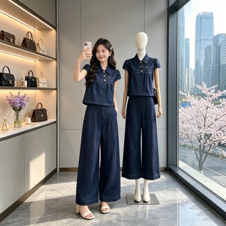 BY23867# 仿牛仔衬衫上衣套装+仿牛仔直筒休闲阔腿裤 服裝批發女裝批發服飾貨源