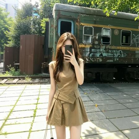 BY23873# 法式气质卡其色无袖连衣裙子女夏新款高级感收腰显瘦A字短裙 服裝批發女裝批發服飾貨源