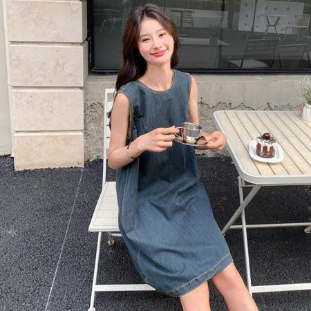 BY23880# 后背镂空背心牛仔连衣裙女小个子夏季不撞款无袖圆领直筒短裙子潮 服裝批發女裝批發服飾貨源