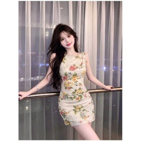 BY23919# 法式网纱碎花气质露锁骨斜肩连衣裙夏季斜领优雅无袖薄款  服裝批發女裝批發服飾貨源