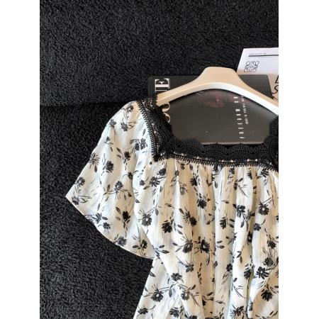 BY23923# 女装法式蕾丝花边方领短袖小衫夏装新款宽松上衣  服裝批發女裝批發服飾貨源