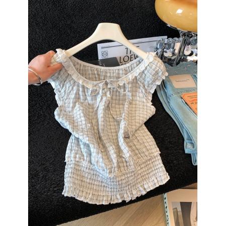 BY23925# 夏日漂亮韩系穿搭大领口花边系带格子背心女无袖上衣  服裝批發女裝批發服飾貨源