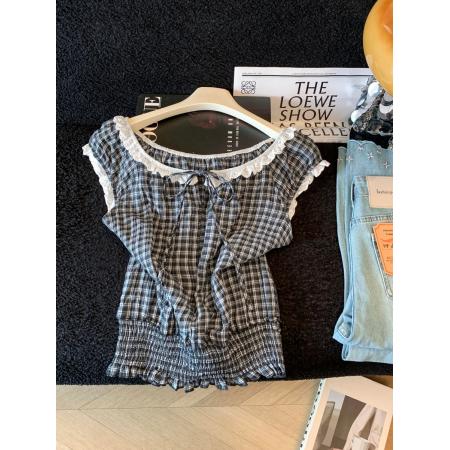 BY23925# 夏日漂亮韩系穿搭大领口花边系带格子背心女无袖上衣  服裝批發女裝批發服飾貨源