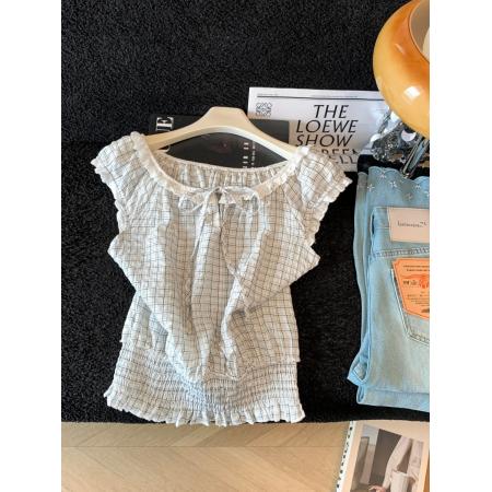 BY23925# 夏日漂亮韩系穿搭大领口花边系带格子背心女无袖上衣  服裝批發女裝批發服飾貨源