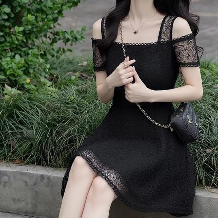 BY23934# 官网图法式黑色蕾丝露肩连衣裙女夏季大码胖mm显瘦减龄洋气A字裙  服裝批發女裝批發服飾貨源