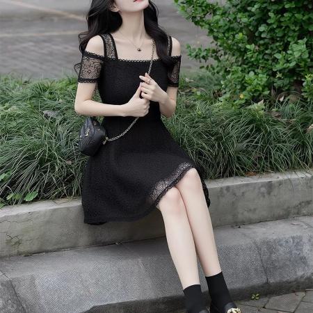 BY23934# 官网图法式黑色蕾丝露肩连衣裙女夏季大码胖mm显瘦减龄洋气A字裙  服裝批發女裝批發服飾貨源
