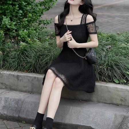BY23934# 官网图法式黑色蕾丝露肩连衣裙女夏季大码胖mm显瘦减龄洋气A字裙  服裝批發女裝批發服飾貨源